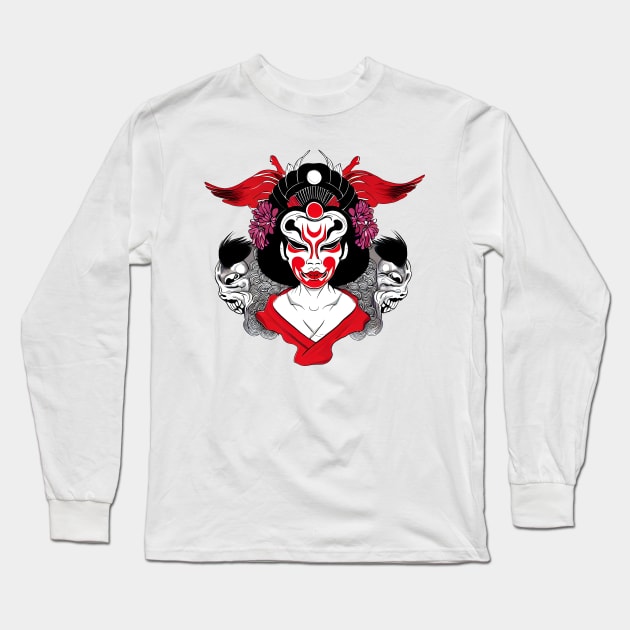 Japanese geisha with oni mask, tattoo style design Long Sleeve T-Shirt by Ravenglow